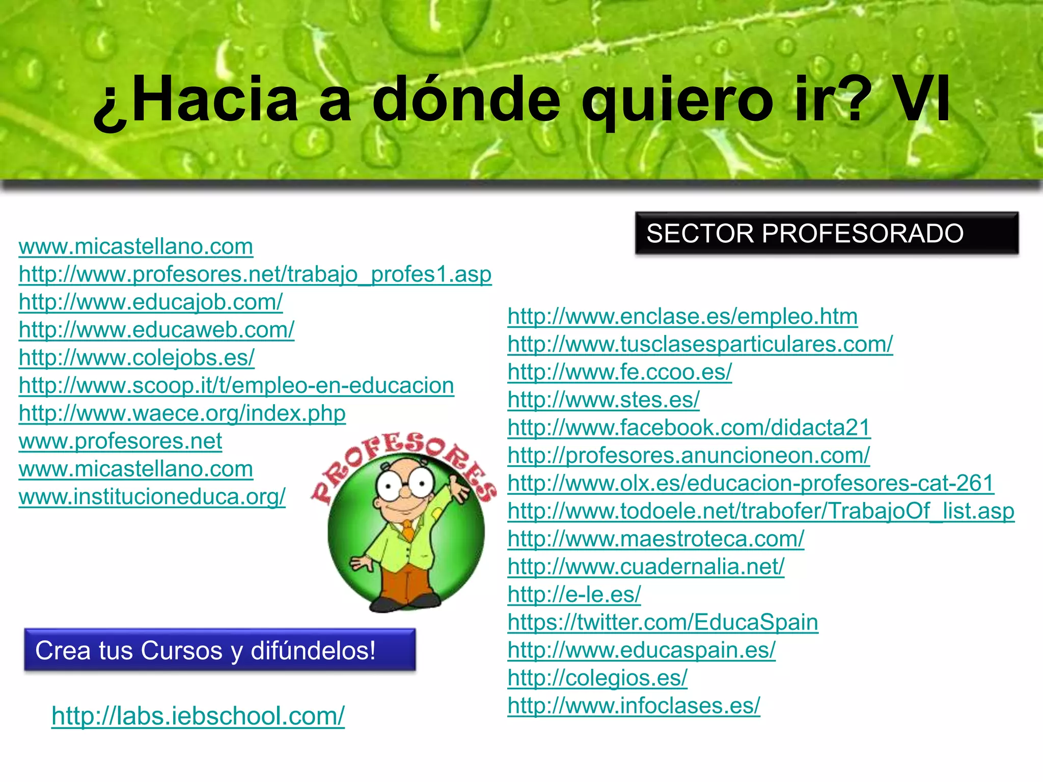¿Hacia a dónde quiero ir? VI 
www.micastellano.com 
http://www.profesores.net/trabajo_profes1.asp 
http://www.educajob.com/ 
http://www.educaweb.com/ 
http://www.colejobs.es/ 
http://www.scoop.it/t/empleo-en-educacion 
http://www.waece.org/index.php 
www.profesores.net 
www.micastellano.com 
www.institucioneduca.org/ 
SECTOR PROFESORADO 
http://www.enclase.es/empleo.htm 
http://www.tusclasesparticulares.com/ 
http://www.fe.ccoo.es/ 
http://www.stes.es/ 
http://www.facebook.com/didacta21 
http://profesores.anuncioneon.com/ 
http://www.olx.es/educacion-profesores-cat-261 
http://www.todoele.net/trabofer/TrabajoOf_list.asp 
http://www.maestroteca.com/ 
http://www.cuadernalia.net/ 
http://e-le.es/ 
https://twitter.com/EducaSpain 
http://www.educaspain.es/ 
http://colegios.es/ 
Crea tus Cursos y difúndelos! 
http://labs.iebschool.com/ http://www.infoclases.es/ 
 