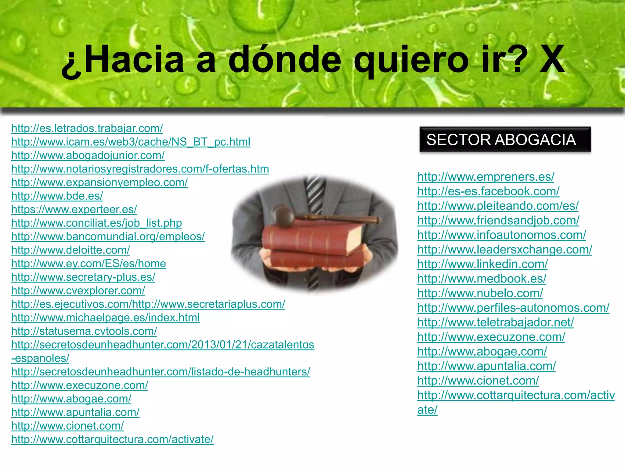 ¿Hacia a dónde quiero ir? X 
http://es.letrados.trabajar.com/ 
http://www.icam.es/web3/cache/NS_BT_pc.html 
http://www.abogadojunior.com/ 
http://www.notariosyregistradores.com/f-ofertas.htm 
http://www.expansionyempleo.com/ 
http://www.bde.es/ 
https://www.experteer.es/ 
http://www.conciliat.es/job_list.php 
http://www.bancomundial.org/empleos/ 
http://www.deloitte.com/ 
http://www.ey.com/ES/es/home 
http://www.secretary-plus.es/ 
http://www.cvexplorer.com/ 
http://es.ejecutivos.com/http://www.secretariaplus.com/ 
http://www.michaelpage.es/index.html 
http://statusema.cvtools.com/ 
http://secretosdeunheadhunter.com/2013/01/21/cazatalentos 
-espanoles/ 
http://secretosdeunheadhunter.com/listado-de-headhunters/ 
http://www.execuzone.com/ 
http://www.abogae.com/ 
http://www.apuntalia.com/ 
http://www.cionet.com/ 
http://www.cottarquitectura.com/activate/ 
SECTOR ABOGACIA 
http://www.empreners.es/ 
http://es-es.facebook.com/ 
http://www.pleiteando.com/es/ 
http://www.friendsandjob.com/ 
http://www.infoautonomos.com/ 
http://www.leadersxchange.com/ 
http://www.linkedin.com/ 
http://www.medbook.es/ 
http://www.nubelo.com/ 
http://www.perfiles-autonomos.com/ 
http://www.teletrabajador.net/ 
http://www.execuzone.com/ 
http://www.abogae.com/ 
http://www.apuntalia.com/ 
http://www.cionet.com/ 
http://www.cottarquitectura.com/activ 
ate/ 
 