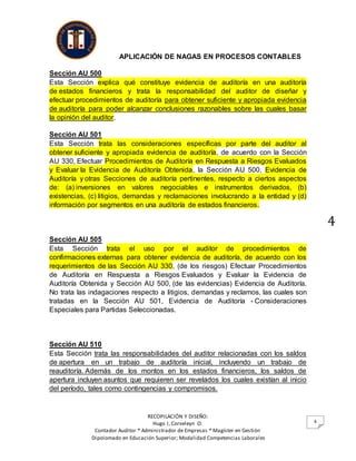 APLICACIÓN DE NAGAS EN PROCESOS CONTABLES
RECOPILACIÓN Y DISEÑO:
Hugo I, Corveleyn O.
Contador Auditor * Administrador de Empresas * Magíster en Gestión
Dipolomado en Educación Superior; Modalidad Competencias Laborales
4
4
Sección AU 500
Esta Sección explica qué constituye evidencia de auditoría en una auditoría
de estados financieros y trata la responsabilidad del auditor de diseñar y
efectuar procedimientos de auditoría para obtener suficiente y apropiada evidencia
de auditoría para poder alcanzar conclusiones razonables sobre las cuales basar
la opinión del auditor.
Sección AU 501
Esta Sección trata las consideraciones específicas por parte del auditor al
obtener suficiente y apropiada evidencia de auditoría, de acuerdo con la Sección
AU 330, Efectuar Procedimientos de Auditoría en Respuesta a Riesgos Evaluados
y Evaluar la Evidencia de Auditoría Obtenida, la Sección AU 500, Evidencia de
Auditoría y otras Secciones de auditoría pertinentes, respecto a ciertos aspectos
de: (a) inversiones en valores negociables e instrumentos derivados, (b)
existencias, (c) litigios, demandas y reclamaciones involucrando a la entidad y (d)
información por segmentos en una auditoría de estados financieros.
Sección AU 505
Esta Sección trata el uso por el auditor de procedimientos de
confirmaciones externas para obtener evidencia de auditoría, de acuerdo con los
requerimientos de las Sección AU 330, (de los riesgos) Efectuar Procedimientos
de Auditoría en Respuesta a Riesgos Evaluados y Evaluar la Evidencia de
Auditoría Obtenida y Sección AU 500, (de las evidencias) Evidencia de Auditoría.
No trata las indagaciones respecto a litigios, demandas y reclamos, las cuales son
tratadas en la Sección AU 501, Evidencia de Auditoría - Consideraciones
Especiales para Partidas Seleccionadas.
Sección AU 510
Esta Sección trata las responsabilidades del auditor relacionadas con los saldos
de apertura en un trabajo de auditoría inicial, incluyendo un trabajo de
reauditoría. Además de los montos en los estados financieros, los saldos de
apertura incluyen asuntos que requieren ser revelados los cuales existían al inicio
del período, tales como contingencias y compromisos.
 