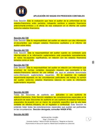APLICACIÓN DE NAGAS EN PROCESOS CONTABLES
RECOPILACIÓN Y DISEÑO:
Hugo I, Corveleyn O.
Contador Auditor * Administrador de Empresas * Magíster en Gestión
Dipolomado en Educación Superior; Modalidad Competencias Laborales
8
8
Esta Sección trata la evaluación que hace el auditor de la uniformidad de los
estados financieros entre períodos, incluyendo cambios a estados financieros
anteriormente emitidos y el efecto de esa evaluación en el informe del auditor
sobre los estados financieros.
Sección AU 720
Esta Sección trata la responsabilidad del auditor en relación con otra información
en documentos que incluyen estados financieros auditados y el informe del
auditor sobre éstos.
Sección AU 725
Esta Sección trata la responsabilidad del auditor cuando es contratado para
informar sobre si la información suplementaria está presentada razonablemente,
en todos los aspectos significativos, en relación con los estados financieros
tomados como un todo.
Sección AU 730
Esta Sección trata la responsabilidad del auditor en relación con información que
un emisor de normas contables designado requiere que acompañe a los
estados financieros básicos de una entidad (de aquí en adelante denominada
como información suplementaria requerida). En la ausencia de cualquier
requerimiento separado en las circunstancias particulares del trabajo, la opinión
del auditor sobre los estados financieros básicos no cubre la información
suplementaria requerida.
Sección AU 800
Todas las Secciones de auditoría son aplicables a una auditoría de
estados financieros. Esta Sección establece las consideraciones especiales en la
aplicación de esas Secciones de auditoría en una auditoría de estados financieros
preparados de acuerdo con un marco de propósito específico que es una base
contable de efectivo, tributaria, de un regulador o contractual. Esta Sección no
pretende tratar todas las consideraciones especiales que puedan ser pertinentes
en las circunstancias. Sección derogada, consultar NAGA Nº65.
Sección AU 805
 