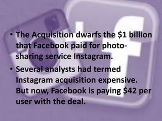 • The Acquisition dwarfs the $1 billion
that Facebook paid for photo-
sharing service Instagram.
• Several analysts had termed
Instagram acquisition expensive.
But now, Facebook is paying $42 per
user with the deal.
 