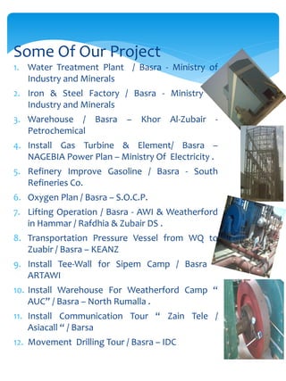 1. Water Treatment Plant / Basra - Ministry of
Industry and Minerals
2. Iron & Steel Factory / Basra - Ministry of
Industry and Minerals
3. Warehouse / Basra – Khor Al-Zubair -
Petrochemical
4. Install Gas Turbine & Element/ Basra –
NAGEBIA Power Plan – Ministry Of Electricity .
5. Refinery Improve Gasoline / Basra - South
Refineries Co.
6. Oxygen Plan / Basra – S.O.C.P.
7. Lifting Operation / Basra - AWI & Weatherford
in Hammar / Rafdhia & Zubair DS .
8. Transportation Pressure Vessel from WQ to
Zuabir / Basra – KEANZ
9. Install Tee-Wall for Sipem Camp / Basra –
ARTAWI
10. Install Warehouse For Weatherford Camp “
AUC” / Basra – North Rumalla .
11. Install Communication Tour “ Zain Tele /
Asiacall “ / Barsa
12. Movement Drilling Tour / Basra – IDC
Some Of Our Project
 