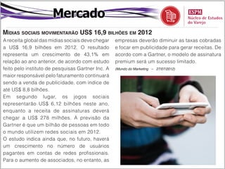 Mercado
Mídias sociais movimentarão US$ 16,9 bilhões em 2012
A receita global das mídias sociais deve chegar    empresas deverão diminuir as taxas cobradas
a US$ 16,9 bilhões em 2012. O resultado            e focar em publicidade para gerar receitas. De
representa um crescimento de 43,1% em              acordo com a Gartner, o modelo de assinatura
relação ao ano anterior, de acordo com estudo      premium será um sucesso limitado.
feito pelo instituto de pesquisas Gartner Inc. A   (Mundo do Marketing – 27/07/2012)

maior responsável pelo faturamento continuará
sendo a venda de publicidade, com índice de
até US$ 8,8 bilhões.
Em segundo lugar, os jogos sociais
representarão US$ 6,12 bilhões neste ano,
enquanto a receita de assinaturas deverá
chegar a US$ 278 milhões. A previsão da
Gartner é que um bilhão de pessoas em todo
o mundo utilizem redes sociais em 2012.
O estudo indica ainda que, no futuro, haverá
um crescimento no número de usuários
pagantes em contas de redes profissionais.
Para o aumento de associados, no entanto, as
 