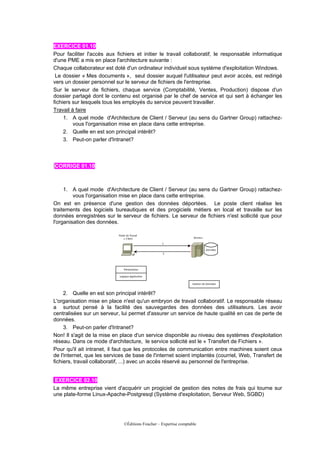 EXERCICE 01.10
Pour faciliter l'accès aux fichiers et initier le travail collaboratif, le responsable informatique
d'une PME a mis en place l'architecture suivante :
Chaque collaborateur est doté d'un ordinateur individuel sous système d'exploitation Windows.
Le dossier « Mes documents », seul dossier auquel l'utilisateur peut avoir accès, est redirigé
vers un dossier personnel sur le serveur de fichiers de l'entreprise.
Sur le serveur de fichiers, chaque service (Comptabilité, Ventes, Production) dispose d'un
dossier partagé dont le contenu est organisé par le chef de service et qui sert à échanger les
fichiers sur lesquels tous les employés du service peuvent travailler.
Travail à faire
1. A quel mode d'Architecture de Client / Serveur (au sens du Gartner Group) rattachez-
vous l'organisation mise en place dans cette entreprise.
2. Quelle en est son principal intérêt?
3. Peut-on parler d'Intranet?
CORRIGE 01.10
1. A quel mode d'Architecture de Client / Serveur (au sens du Gartner Group) rattachez-
vous l'organisation mise en place dans cette entreprise.
On est en présence d'une gestion des données déportées. Le poste client réalise les
traitements des logiciels bureautiques et des progiciels métiers en local et travaille sur les
données enregistrées sur le serveur de fichiers. Le serveur de fichiers n'est sollicité que pour
l'organisation des données.
2. Quelle en est son principal intérêt?
L'organisation mise en place n'est qu'un embryon de travail collaboratif. Le responsable réseau
a surtout pensé à la facilité des sauvegardes des données des utilisateurs. Les avoir
centralisées sur un serveur, lui permet d'assurer un service de haute qualité en cas de perte de
données.
3. Peut-on parler d'Intranet?
Non! Il s'agit de la mise en place d'un service disponible au niveau des systèmes d'exploitation
réseau. Dans ce mode d'architecture, le service sollicité est le « Transfert de Fichiers ».
Pour qu'il ait intranet, il faut que les protocoles de communication entre machines soient ceux
de l'internet, que les services de base de l'internet soient implantés (courriel, Web, Transfert de
fichiers, travail collaboratif, ...) avec un accès réservé au personnel de l'entreprise.
EXERCICE 02.10
La même entreprise vient d'acquérir un progiciel de gestion des notes de frais qui tourne sur
une plate-forme Linux-Apache-Postgresql (Système d'exploitation, Serveur Web, SGBD)
©Éditions Foucher – Expertise comptable
 