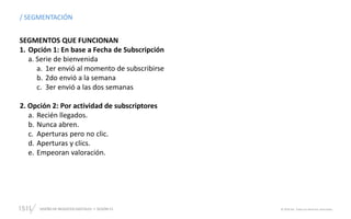 DISEÑO DE NEGOCIOS DIGITALES  SESIÓN 13 © 2019 ISIL. Todos los derechos reservados
/ SEGMENTACIÓN
SEGMENTOS QUE FUNCIONAN
1. Opción 1: En base a Fecha de Subscripción
a. Serie de bienvenida
a. 1er envió al momento de subscribirse
b. 2do envió a la semana
c. 3er envió a las dos semanas
2. Opción 2: Por actividad de subscriptores
a. Recién llegados.
b. Nunca abren.
c. Aperturas pero no clic.
d. Aperturas y clics.
e. Empeoran valoración.
 