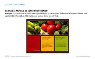 DISEÑO DE NEGOCIOS DIGITALES  SESIÓN 13 © 2019 ISIL. Todos los derechos reservados
/ ESTRUCTURA DE EMAIL
PARTES DEL MENSAJE DE CORREO ELECTRÓNICO
Cuerpo: Es la parte central del mensaje donde va la creatividad de la campaña promocional o el
contenido informativo. Normalmente son en texto o en HTML.
 