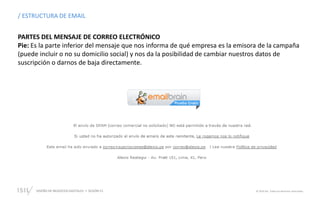 DISEÑO DE NEGOCIOS DIGITALES  SESIÓN 13 © 2019 ISIL. Todos los derechos reservados
/ ESTRUCTURA DE EMAIL
PARTES DEL MENSAJE DE CORREO ELECTRÓNICO
Pie: Es la parte inferior del mensaje que nos informa de qué empresa es la emisora de la campaña
(puede incluir o no su domicilio social) y nos da la posibilidad de cambiar nuestros datos de
suscripción o darnos de baja directamente.
 