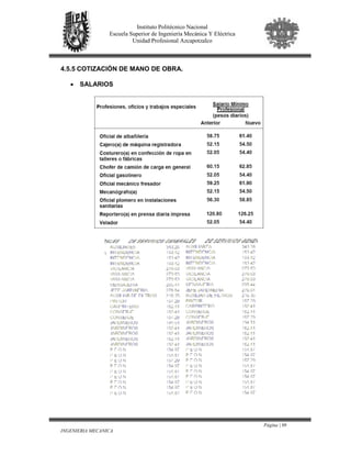 Página | 98
INGENIERIA MECANICA
Instituto Politécnico Nacional
Escuela Superior de Ingeniería Mecánica Y Eléctrica
Unidad Profesional Azcapotzalco
4.5.5 COTIZACIÓN DE MANO DE OBRA.
• SALARIOS
 