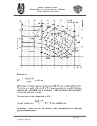 Página | 83
INGENIERIA MECANICA
Instituto Politécnico Nacional
Escuela Superior de Ingeniería Mecánica Y Eléctrica
Unidad Profesional Azcapotzalco
º
Sustituyendo:
6.076
36.05933.11
x
x
HP = = 8.95 HP
Obtenemos una bomba con una potencia de 8.95 HP para un gasto de 680 l/min.
Por norma si el gasto está entre 8 y 13 litros por segundo, se tendrán 3 bombas,
cada una con capacidad para proporcionar el 50% del gasto máximo probable.
Una bomba estaría de reserva.
Para que cada bomba proporcione el 50%:
Hp para una bomba =
2
HP8.95
= 4.47 HP para cada bomba.
Se tendrán 3 bombas de 4.47 HP cada una, para suministrar el 150% del gasto
que demanda el sistema.
 