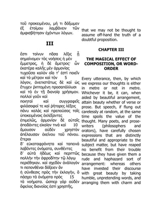 τοῦ προκειμένου, μή τι δόξωμεν
ἐξ ἑτοίμου λαμβάνειν τῶν
ἀμφισβήτησιν ἐχόντων λόγων.
III
ἔστι τοίνυν πᾶσα λέξις ᾗ
σημαίνομεν τὰς νοήσεις ἡ μὲν
ἔμμετρος, ἡ δὲ ἄμετρος· ὧν
ἑκατέρα καλῆς μὲν ἁρμονίας
τυχοῦσα καλὸν οἵα τ’ ἐστὶ ποιεῖν
καὶ τὸ μέτρον καὶ τὸν 5
λόγον, ἀνεπιστάτως δὲ καὶ ὡς
ἔτυχεν ῥιπτομένη προσαπόλλυσι
καὶ τὸ ἐν τῇ διανοίᾳ χρήσιμον.
πολλοὶ γοῦν καὶ
ποιηταὶ καὶ συγγραφεῖς
φιλόσοφοί τε καὶ ῥήτορες λέξεις
πάνυ καλὰς καὶ πρεπούσας τοῖς
ὑποκειμένοις ἐκλέξαντες
ἐπιμελῶς, ἁρμονίαν δὲ αὐταῖς
ἀποδόντες εἰκαίαν τινὰ καὶ 10
ἄμουσον οὐδὲν χρηστὸν
ἀπέλαυσαν ἐκείνου τοῦ πόνου.
ἕτεροι
δ’ εὐκαταφρόνητα καὶ ταπεινὰ
λαβόντες ὀνόματα, συνθέντες
δ’ αὐτὰ ἡδέως καὶ περιττῶς
πολλὴν τὴν ἀφροδίτην τῷ λόγῳ
περιέθηκαν. καὶ σχεδὸν ἀνάλογόν
τι πεπονθέναι δόξειεν ἂν
ἡ σύνθεσις πρὸς τὴν ἐκλογήν, ὃ
πάσχει τὰ ὀνόματα πρὸς 15
τὰ νοήματα. ὥσπερ γὰρ οὐδὲν
ὄφελος διανοίας ἐστὶ χρηστῆς,
that we may not be thought to
assume off-hand the truth of a
doubtful proposition.
CHAPTER III
THE MAGICAL EFFECT OF
COMPOSITION, OR WORD-
ORDER
Every utterance, then, by which
we express our thoughts is either
in metre or not in metre.
Whichever it be, it can, when
aided by beautiful arrangement,
attain beauty whether of verse or
prose. But speech, if flung out
carelessly at random, at the same
time spoils the value of the
thought. Many poets, and prose-
writers (philosophers and
orators), have carefully chosen
expressions that are distinctly
beautiful and appropriate to the
subject matter, but have reaped
no benefit from their trouble
because they have given them a
rude and haphazard sort of
arrangement: whereas others
have invested their discourse
with great beauty by taking
humble, unpretending words, and
arranging them with charm and
 