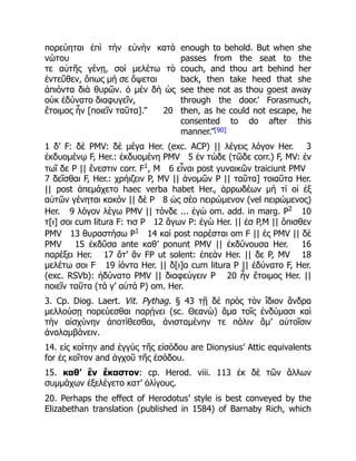 πορεύηται ἐπὶ τὴν εὐνὴν κατὰ
νώτου
τε αὐτῆς γένῃ, σοὶ μελέτω τὸ
ἐντεῦθεν, ὅπως μή σε ὄψεται
ἀπιόντα διὰ θυρῶν. ὁ μὲν δὴ ὡς
οὐκ ἐδύνατο διαφυγεῖν,
ἕτοιμος ἦν [ποιεῖν ταῦτα].” 20
enough to behold. But when she
passes from the seat to the
couch, and thou art behind her
back, then take heed that she
see thee not as thou goest away
through the door.’ Forasmuch,
then, as he could not escape, he
consented to do after this
manner.”[90]
1 δ’ F: δὲ PMV: δὲ μέγα Her. (exc. ACP) || λέγεις λόγον Her. 3
ἐκδυομένῳ F, Her.: ἐκδυομένη PMV 5 ἐν τώδε (τῶδε corr.) F, MV: ἐν
τωῖ δε P || ἔνεστιν corr. F1
, M 6 εἶναι post γυναικῶν traiciunt PMV
7 δεῖσθαι F, Her.: χρήιζειν P, MV || ἀνομῶν P || ταῦτα] τοιαῦτα Her.
|| post ἀπεμάχετο haec verba habet Her., ἀρρωδέων μή τί οἱ ἐξ
αὐτῶν γένηται κακόν || δὲ P 8 ὡς σέο πειρώμενον (vel πειρώμενος)
Her. 9 λόγον λέγω PMV || τόνδε ... ἐγὼ om. add. in marg. P2
10
τ[ι] σοι cum litura F: τισ P 12 ἄγων P: ἐγὼ Her. || ἐσ P,M || ὄπισθεν
PMV 13 θυραστήσω P1
14 καὶ post παρέσται om F || ἐς PMV || δὲ
PMV 15 ἐκδῦσα ante καθ’ ponunt PMV || ἐκδύνουσα Her. 16
παρέξει Her. 17 ὅτ’ ἂν FP ut solent: ἐπεὰν Her. || δε P, MV 18
μελέτω σοι F 19 ἰόντα Her. || δ[ι]α cum litura P || ἐδύνατο F, Her.
(exc. RSVb): ἠδύνατο PMV || διαφεύγειν P 20 ἦν ἕτοιμος Her. ||
ποιεῖν ταῦτα (τά γ’ αὐτά P) om. Her.
3. Cp. Diog. Laert. Vit. Pythag. § 43 τῇ δὲ πρὸς τὸν ἴδιον ἄνδρα
μελλούσῃ πορεύεσθαι παρῄνει (sc. Θεανὼ) ἅμα τοῖς ἐνδύμασι καὶ
τὴν αἰσχύνην ἀποτίθεσθαι, ἀνισταμένην τε πάλιν ἅμ’ αὐτοῖσιν
ἀναλαμβάνειν.
14. εἰς κοίτην and ἐγγὺς τῆς εἰσόδου are Dionysius’ Attic equivalents
for ἐς κοῖτον and ἀγχοῦ τῆς ἐσόδου.
15. καθ’ ἓν ἕκαστον: cp. Herod. viii. 113 ἐκ δὲ τῶν ἄλλων
συμμάχων ἐξελέγετο κατ’ ὀλίγους.
20. Perhaps the effect of Herodotus’ style is best conveyed by the
Elizabethan translation (published in 1584) of Barnaby Rich, which
 