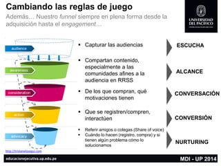 Cambiando las reglas de juego 
Además… Nuestro funnelsiempre en plena forma desde la adquisición hasta el engagement… 
Capturar las audiencias 
Compartan contenido, especialmente a las comunidades afines a la audiencia en RRSS 
De los que compran, qué motivaciones tienen 
Que se registren/compren, interactúen 
Referir amigos o colegas (Share of voice) 
Cuándo lo hacen (registro, compra) y si tienen algún problema cómo lo solucionamos 
MDI -UP 2014 
ESCUCHA 
ALCANCE 
CONVERSACIÓN 
CONVERSIÓN 
NURTURING 
http://tristanelosegui.com  