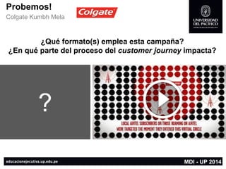 Probemos! 
Colgate KumbhMela 
? 
MDI -UP 2014 
¿Qué formato(s) emplea esta campaña? 
¿En qué parte del proceso del customerjourneyimpacta?  