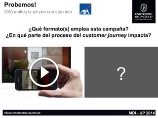 Probemos! 
AXA makes tvad you can step into 
? 
MDI -UP 2014 
¿Qué formato(s) emplea esta campaña? 
¿En qué parte del proceso del customerjourneyimpacta?  