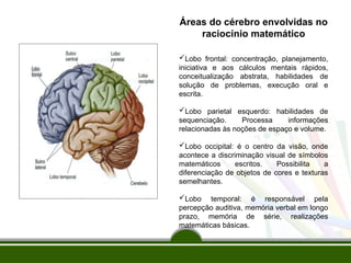 Áreas do cérebro envolvidas no
raciocínio matemático
Lobo frontal: concentração, planejamento,
iniciativa e aos cálculos mentais rápidos,
conceitualização abstrata, habilidades de
solução de problemas, execução oral e
escrita.
Lobo parietal esquerdo: habilidades de
sequenciação. Processa informações
relacionadas às noções de espaço e volume.
Lobo occipital: é o centro da visão, onde
acontece a discriminação visual de símbolos
matemáticos escritos. Possibilita a
diferenciação de objetos de cores e texturas
semelhantes.
Lobo temporal: é responsável pela
percepção auditiva, memória verbal em longo
prazo, memória de série, realizações
matemáticas básicas.
 