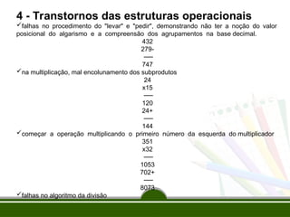 4 - Transtornos das estruturas operacionais
falhas no procedimento do "levar" e "pedir", demonstrando não ter a noção do valor
posicional do algarismo e a compreensão dos agrupamentos na base decimal.
432
279-
──
747
na multiplicação, mal encolunamento dos subprodutos
24
x15
──
120
24+
──
144
começar a operação multiplicando o primeiro número da esquerda do multiplicador
351
x32
──
1053
702+
──
8073
falhas no algoritmo da divisão
 