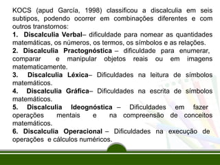 KOCS (apud García, 1998) classificou a discalculia em seis
subtipos, podendo ocorrer em combinações diferentes e com
outros transtornos:
1. Discalculia Verbal– dificuldade para nomear as quantidades
matemáticas, os números, os termos, os símbolos e as relações.
2. Discalculia Practognóstica – dificuldade para enumerar,
comparar e manipular objetos reais ou em imagens
matematicamente.
3. Discalculia Léxica– Dificuldades na leitura de símbolos
matemáticos.
4. Discalculia Gráfica– Dificuldades na escrita de símbolos
matemáticos.
5. Discalculia Ideognóstica – Dificuldades em fazer
operações mentais e na compreensão de conceitos
matemáticos.
6. Discalculia Operacional – Dificuldades na execução de
operações e cálculos numéricos.
 