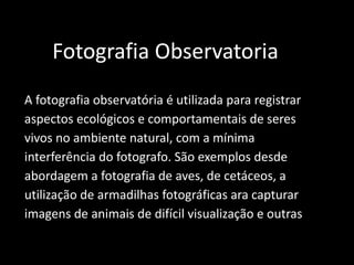 Fotografia Observatoria
A fotografia observatória é utilizada para registrar
aspectos ecológicos e comportamentais de seres
vivos no ambiente natural, com a mínima
interferência do fotografo. São exemplos desde
abordagem a fotografia de aves, de cetáceos, a
utilização de armadilhas fotográficas ara capturar
imagens de animais de difícil visualização e outras.
 