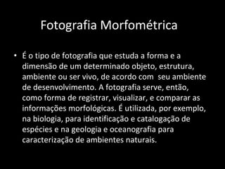 Fotografia Morfométrica
• É o tipo de fotografia que estuda a forma e a
dimensão de um determinado objeto, estrutura,
ambiente ou ser vivo, de acordo com seu ambiente
de desenvolvimento. A fotografia serve, então,
como forma de registrar, visualizar, e comparar as
informações morfológicas. É utilizada, por exemplo,
na biologia, para identificação e catalogação de
espécies e na geologia e oceanografia para
caracterização de ambientes naturais.
 