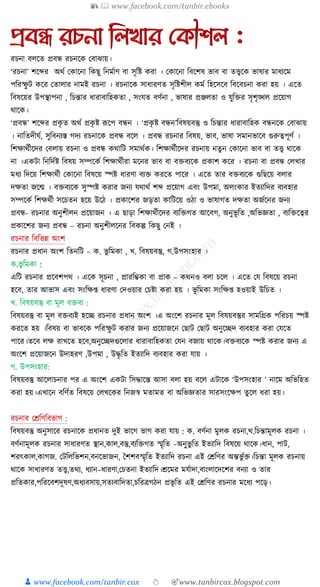 📚  www.facebook.com/tanbir.ebooks
👦 www.facebook.com/tanbir.cox 👆 🎯www.tanbircox.blogspot.com
রচনা বলতে প্রবন্ধ রচনতে ববাঝায়।
‘রচনা’ শতের অর্থ বোতনা কেছু কনর্থাণ বা সৃকি েরা । বোতনা কবতশষ ভাব বা েত্ত্বতে ভাষার র্াধ্যতর্
পকরস্ফু ট েতর বোলার নার্ই রচনা । রচনাতে সাধ্ারণে সৃকিশীল ের্থ কিতসতব কবতবচনা েরা িয় । এতে
কবষতয়র উপস্থাপনা , কচন্তার ধ্ারাবাকিেো , সংযে বণথনা , ভাষার প্রঞ্জলো ও যুকির সৃশৃঙ্খল প্রতয়াগ
র্াতে।
‘প্রবন্ধ’ শতের প্রেৃ ে অর্থ প্রেৃ ি রূতপ বন্ধন । ‘প্রেৃ ি বন্ধন’কবষয়বস্তু ও কচন্তার ধ্ারাবাকিে বন্ধনতে ববাঝায়
। নাকেদীর্থ, সুকবনযস্ত গদয রচনাতে প্রবন্ধ বতল । প্রবন্ধ রচনার কবষয়, ভাব, ভাষা সর্ানভাতব গুরুত্বপূণথ ।
কশক্ষার্থীতদর ববলায় রচনা ও প্রবন্ধ ের্াকট সর্ার্থে। কশক্ষার্থীতদর রচনায় নেু ন বোতনা ভাব বা েত্ত্ব র্াতে
না ।এেটা কনকদথি কবষয় সম্পতেথ কশক্ষার্থীরা র্তনর ভাব বা বিবযতে প্রোশ েতর । রচনা বা প্রবন্ধ বলখার
র্ধ্য কদতয় কশক্ষার্থী বোতনা কবষতয় স্পি ধ্ারণা বযি েরতে পাতর । এতে োর বিবযতে গুকছতয় বলার
দক্ষো জতে । বিবযতে সুস্পি েরার জনয যর্ার্থ শে প্রতয়াগ এবং উপর্া, অলংোর ইেযাকদর বযবিার
সম্পতেথ কশক্ষর্থী সতচেন িতয় উতে । প্রোতশর জড়ো োকটতয় ওো ও ভাষাগে দক্ষো অজথতনর জনয
প্রবন্ধ- রচনার অনুশীলন প্রতয়াজন । এ ছাড়া কশক্ষার্থীতদর বযকিগে আতবগ, অনুভূ কে ,অকভজ্ঞো , বযকিতত্বর
প্রোতশর জনয প্রবন্ধ – রচনা অনুশীলতনর কবেল্প কেছু বনই ।
রচনার কবকভন্ন অংশ
রচনার প্রধ্ান অংশ কেনকট – ে. ভু কর্ো , খ. কবষয়বস্তু, গ.উপসংিার ।
ে.ভু কর্ো :
একট রচনার প্রতবশপর্ । এতে সূচনা , প্রারকিো বা প্রাে – ের্নও বলা চতল । এতে বয কবষতয় রচনা
িতব, োর আভাস এবং সংকক্ষপ্ত ধ্ারণা বদওয়ার বচিা েরা িয় । ভূ কর্ো সংকক্ষপ্ত িওয়াই উকচে ।
খ. কবষয়বস্তু বা র্ূল বিবয :
কবষয়বস্তু বা র্ূল বিবযই িতে রচনার প্রধ্ান অংশ ।এ অংতশ রচনার র্ূল কবষয়বস্তুর সার্কিে পকরচয় স্পি
েরতে িয় ।কবষয় বা ভাবতে পকরস্ফু ট েরার জনয প্রতয়াজতন বছাট বছাট অনুতেদ বযবিার েরা বযতে
পাতর।েতব লক্ষ রাখতে িতব,অনুতেদগুতলার ধ্ারাবাকিেো বযন বজায় র্াতে।বিবযতে স্পি েরার জনয এ
অংতশ প্রতয়াজতন উদািরণ ,উপর্া , উদ্ধৃ কে ইেযাকদ বযবিার েরা যায় ।
গ. উপসংিার:
কবষয়বস্তু আতলাচনার পর এ অংতশ এেটা কসদ্ধাতন্ত আসা বলা িয় বতল এটাতে ‘উপসংিার ’ নাতর্ অকভকিে
েরা িয়।এখাতন বকণথে কবষতয় বলখতের কনজস্ব র্োর্ে বা অকভজ্ঞোর সারসংতক্ষপ েু তল ধ্রা িয়।
রচনার বেকণকবভাগ :
কবষয়বস্তু অনুসাতর রচনাতে প্রধ্ানে দুই ভাতগ ভাগ েরা যায় : ে. বণথনা র্ুলে রচনা,র্.কচন্তার্ূলে রচনা ।
বণথনার্ূলে রচনার সাধ্ারণে স্থান,োল,বস্তু,বযকিগে স্মৃকে –অনুভু কে ইেযাকদ কবষতয় র্াতে।ধ্ান, পাট,
শরৎোল,োগজ. বটকলকভশন,বনতভাজন, শশশবস্মৃকে ইেযাকদ রচনা এই বেকণর অন্তভু থি।কচন্তা র্ূলে রচনায়
র্াতে সাধ্ারণে েত্ত্ব,ের্য, ধ্যান–ধ্ারণা,বচেনা ইেযাকদ।েতর্র র্যথাদা,বাংলাতদতশর বনযা ও োর
প্রকেোর,পকরতবশদূষণ,অধ্যবসায়,সেযবাকদো,চকরত্রগেন প্রভৃ কে এই বেকণর রচনার র্তধ্য পতড়।
 