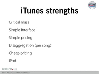 iTunes strengths
Critical mass
Simple Interface
Simple pricing
Disaggregation (per song)
Cheap pricing
iPod
 