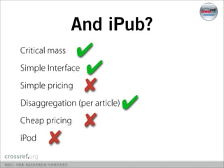 And iPub?
Critical mass  ✔
Simple Interface ✔
Simple pricing ✘
Disaggregation (per article)   ✔
Cheap pricing    ✘
iPod   ✘
 