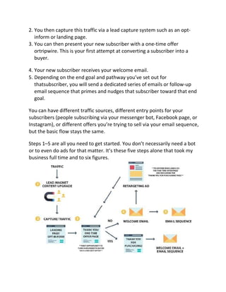 2. You then capture this traffic via a lead capture system such as an opt-
inform or landing page.
3. You can then present your new subscriber with a one-time offer
ortripwire. This is your first attempt at converting a subscriber into a
buyer.
4. Your new subscriber receives your welcome email.
5. Depending on the end goal and pathway you’ve set out for
thatsubscriber, you will send a dedicated series of emails or follow-up
email sequence that primes and nudges that subscriber toward that end
goal.
You can have different traffic sources, different entry points for your
subscribers (people subscribing via your messenger bot, Facebook page, or
Instagram), or different offers you’re trying to sell via your email sequence,
but the basic flow stays the same.
Steps 1–5 are all you need to get started. You don’t necessarily need a bot
or to even do ads for that matter. It’s these five steps alone that took my
business full time and to six figures.
 