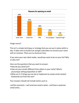 Image source9
This isn’t a simple technique or strategy that you can put in place within a
day. It takes time to build trust and get subscribers to connect your name
with an emotion. There are no shortcuts here.
If you were your own ideal reader, would you want to be on your list? Why
or why not?
Here are the questions that you want to answer:
•How do you stand out?
•How are your emails different from others in your niche? What’s
yourunique selling proposition or USP?
•What are 3–5 things you can do or implement to create email content
thatstands out from the rest?
Your answers should not include tactics such as
I will be consistent…I will send one email a week…I will have a welcome
email series…
 
