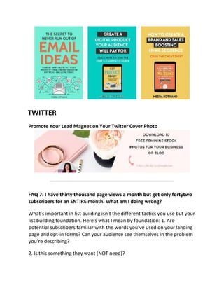 TWITTER
Promote Your Lead Magnet on Your Twitter Cover Photo
FAQ 7: I have thirty thousand page views a month but get only fortytwo
subscribers for an ENTIRE month. What am I doing wrong?
What’s important in list building isn’t the different tactics you use but your
list building foundation. Here's what I mean by foundation: 1. Are
potential subscribers familiar with the words you’ve used on your landing
page and opt-in forms? Can your audience see themselves in the problem
you’re describing?
2. Is this something they want (NOT need)?
 