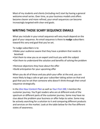 Most of my students and clients (including me!) start by having a general
welcome email series. Over time, as your business models and offers
become clearer and more refined, your email sequences can become
increasingly targeted with clear end goals.
WRITING THOSE SCARY SEQUENCE EMAILS
What you include in your email sequence will very much depend on the
goal of your sequence. An email sequence is there to nudge subscribers
toward this very end goal that you’ve set.
To nudge subscribers is to
•Make your audience aware that they have a problem that needs to
besolved
•Get them to view you as an expert and trust you with the subject
•Get them to understand the solution and benefits of solving the problem
•Remove objections they have about the offer
•Build anticipation for your upcoming offer
When you do all of these and you pitch your offer at the end, you are
more likely to bag a sale or get your subscriber taking action on that end
goal that you’ve set than someone who doesn’t think through their email
sequence strategically.
In the One Hour Content Plan as well as Your First 100, I mention the
customer journey. You’ll get readers who are at different ends of the
spectrum or different parts of the customer journey. Some may have no
clue about the problem your business or offer helps to solve. Some may
be actively searching for a solution to it and comparing different products
and services on the market. Look at the table below for the five different
states of awareness.
 