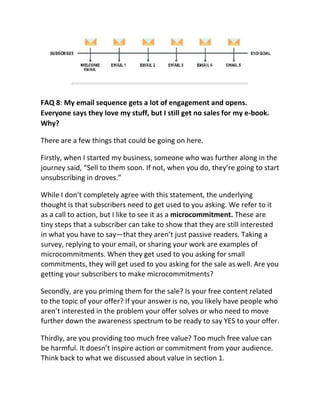 FAQ 8: My email sequence gets a lot of engagement and opens.
Everyone says they love my stuff, but I still get no sales for my e-book.
Why?
There are a few things that could be going on here.
Firstly, when I started my business, someone who was further along in the
journey said, “Sell to them soon. If not, when you do, they’re going to start
unsubscribing in droves.”
While I don’t completely agree with this statement, the underlying
thought is that subscribers need to get used to you asking. We refer to it
as a call to action, but I like to see it as a microcommitment. These are
tiny steps that a subscriber can take to show that they are still interested
in what you have to say—that they aren’t just passive readers. Taking a
survey, replying to your email, or sharing your work are examples of
microcommitments. When they get used to you asking for small
commitments, they will get used to you asking for the sale as well. Are you
getting your subscribers to make microcommitments?
Secondly, are you priming them for the sale? Is your free content related
to the topic of your offer? If your answer is no, you likely have people who
aren’t interested in the problem your offer solves or who need to move
further down the awareness spectrum to be ready to say YES to your offer.
Thirdly, are you providing too much free value? Too much free value can
be harmful. It doesn’t inspire action or commitment from your audience.
Think back to what we discussed about value in section 1.
 