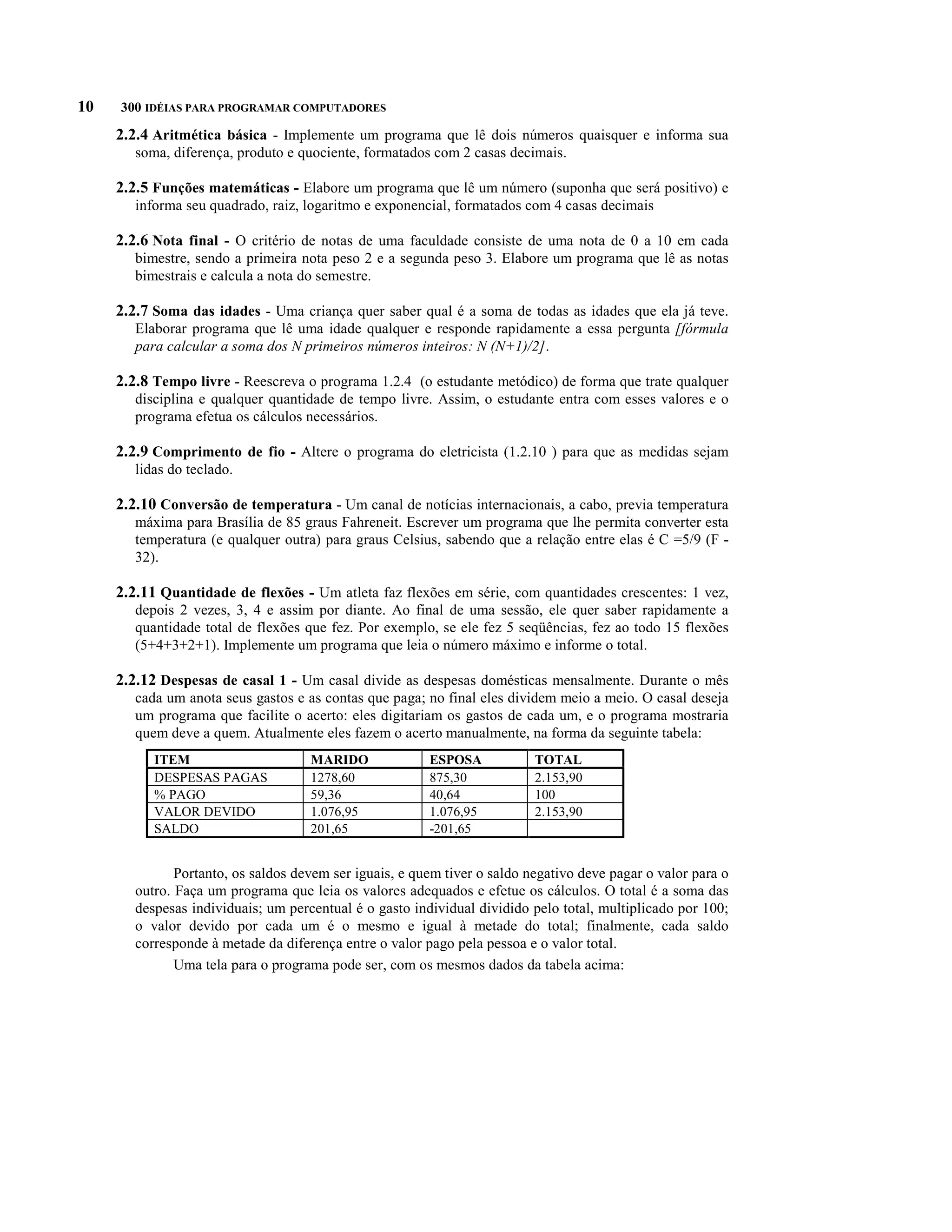 10   300 IDÉIAS PARA PROGRAMAR COMPUTADORES

     2.2.4 Aritmética básica - Implemente um programa que lê dois números quaisquer e informa sua
        soma, diferença, produto e quociente, formatados com 2 casas decimais.

     2.2.5 Funções matemáticas - Elabore um programa que lê um número (suponha que será positivo) e
        informa seu quadrado, raiz, logaritmo e exponencial, formatados com 4 casas decimais

     2.2.6 Nota final - O critério de notas de uma faculdade consiste de uma nota de 0 a 10 em cada
        bimestre, sendo a primeira nota peso 2 e a segunda peso 3. Elabore um programa que lê as notas
        bimestrais e calcula a nota do semestre.

     2.2.7 Soma das idades - Uma criança quer saber qual é a soma de todas as idades que ela já teve.
        Elaborar programa que lê uma idade qualquer e responde rapidamente a essa pergunta [fórmula
        para calcular a soma dos N primeiros números inteiros: N (N+1)/2].

     2.2.8 Tempo livre - Reescreva o programa 1.2.4 (o estudante metódico) de forma que trate qualquer
        disciplina e qualquer quantidade de tempo livre. Assim, o estudante entra com esses valores e o
        programa efetua os cálculos necessários.

     2.2.9 Comprimento de fio - Altere o programa do eletricista (1.2.10 ) para que as medidas sejam
        lidas do teclado.

     2.2.10 Conversão de temperatura - Um canal de notícias internacionais, a cabo, previa temperatura
        máxima para Brasília de 85 graus Fahreneit. Escrever um programa que lhe permita converter esta
        temperatura (e qualquer outra) para graus Celsius, sabendo que a relação entre elas é C =5/9 (F -
        32).

     2.2.11 Quantidade de flexões - Um atleta faz flexões em série, com quantidades crescentes: 1 vez,
        depois 2 vezes, 3, 4 e assim por diante. Ao final de uma sessão, ele quer saber rapidamente a
        quantidade total de flexões que fez. Por exemplo, se ele fez 5 seqüências, fez ao todo 15 flexões
        (5+4+3+2+1). Implemente um programa que leia o número máximo e informe o total.

     2.2.12 Despesas de casal 1 - Um casal divide as despesas domésticas mensalmente. Durante o mês
        cada um anota seus gastos e as contas que paga; no final eles dividem meio a meio. O casal deseja
        um programa que facilite o acerto: eles digitariam os gastos de cada um, e o programa mostraria
        quem deve a quem. Atualmente eles fazem o acerto manualmente, na forma da seguinte tabela:
           ITEM                      MARIDO              ESPOSA            TOTAL
           DESPESAS PAGAS            1278,60             875,30            2.153,90
           % PAGO                    59,36               40,64             100
           VALOR DEVIDO              1.076,95            1.076,95          2.153,90
           SALDO                     201,65              -201,65


               Portanto, os saldos devem ser iguais, e quem tiver o saldo negativo deve pagar o valor para o
        outro. Faça um programa que leia os valores adequados e efetue os cálculos. O total é a soma das
        despesas individuais; um percentual é o gasto individual dividido pelo total, multiplicado por 100;
        o valor devido por cada um é o mesmo e igual à metade do total; finalmente, cada saldo
        corresponde à metade da diferença entre o valor pago pela pessoa e o valor total.
               Uma tela para o programa pode ser, com os mesmos dados da tabela acima:
 