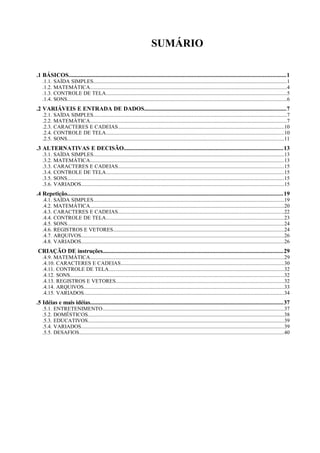 SUMÁRIO
.1 BÁSICOS................................................................................................................................................1
.1.1. SAÍDA SIMPLES................................................................................................................................................1
.1.2. MATEMÁTICA..................................................................................................................................................4
.1.3. CONTROLE DE TELA......................................................................................................................................5
.1.4. SONS...................................................................................................................................................................6

.2 VARIÁVEIS E ENTRADA DE DADOS..............................................................................................7
.2.1. SAÍDA SIMPLES................................................................................................................................................7
.2.2. MATEMÁTICA..................................................................................................................................................7
.2.3. CARACTERES E CADEIAS...........................................................................................................................10
.2.4. CONTROLE DE TELA....................................................................................................................................10
.2.5. SONS.................................................................................................................................................................11

.3 ALTERNATIVAS E DECISÃO..........................................................................................................13
.3.1. SAÍDA SIMPLES..............................................................................................................................................13
.3.2. MATEMÁTICA................................................................................................................................................13
.3.3. CARACTERES E CADEIAS...........................................................................................................................15
.3.4. CONTROLE DE TELA....................................................................................................................................15
.3.5. SONS.................................................................................................................................................................15
.3.6. VARIADOS.......................................................................................................................................................15

.4 Repetição...............................................................................................................................................19
.4.1. SAÍDA SIMPLES..............................................................................................................................................19
.4.2. MATEMÁTICA................................................................................................................................................20
.4.3. CARACTERES E CADEIAS...........................................................................................................................22
.4.4. CONTROLE DE TELA....................................................................................................................................23
.4.5. SONS.................................................................................................................................................................24
.4.6. REGISTROS E VETORES...............................................................................................................................24
.4.7. ARQUIVOS.......................................................................................................................................................26
.4.8. VARIADOS.......................................................................................................................................................26

CRIAÇÃO DE instruções........................................................................................................................29
.4.9. MATEMÁTICA................................................................................................................................................29
.4.10. CARACTERES E CADEIAS.........................................................................................................................30
.4.11. CONTROLE DE TELA..................................................................................................................................32
.4.12. SONS...............................................................................................................................................................32
.4.13. REGISTROS E VETORES.............................................................................................................................32
.4.14. ARQUIVOS.....................................................................................................................................................33
.4.15. VARIADOS.....................................................................................................................................................34

.5 Idéias e mais idéias................................................................................................................................37
.5.1. ENTRETENIMENTO.......................................................................................................................................37
.5.2. DOMÉSTICOS..................................................................................................................................................38
.5.3. EDUCATIVOS..................................................................................................................................................39
.5.4. VARIADOS.......................................................................................................................................................39
.5.5. DESAFIOS........................................................................................................................................................40

 