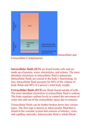 Intracellular and
Extracellular Compartments
Intracellular fluids (ICF) are found inside cells and are
made up of protein, water, electrolytes, and solutes. The most
abundant electrolyte in intracellular fluid is potassium.
Intracellular fluids are crucial to the body’s functioning. In
fact, intracellular fluid accounts for 60% of the volume of
body fluids and 40% of a person’s total body weight.
Extracellular fluids (ECF) are fluids found outside of cells.
The most abundant electrolyte in extracellular fluid is sodium.
The body regulates sodium levels to control the movement of
water into and out of the extracellular space due to osmosis.
Extracellular fluids can be further broken down into various
types. The first type is known as intravascular fluid that is
found in the vascular system that consists of arteries, veins,
and capillary networks. Intravascular fluid is whole blood
 