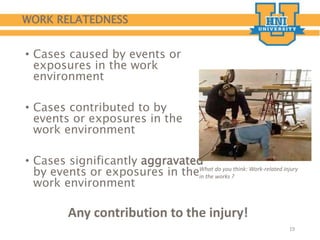 WORK RELATEDNESS
• Cases caused by events or
exposures in the work
environment
• Cases contributed to by
events or exposures in the
work environment
• Cases significantly aggravated
by events or exposures in the
work environment
19
What do you think: Work-related injury
in the works ?
Any contribution to the injury!
 