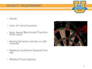 SEVERITY REQUIREMENT
• Death
• Loss of consciousness
• Days Away/Restricted/Transfer
from work
• Restricted work activity or job
transfer
• Medical treatment beyond first
aid
• Medical Prescriptions
20
 