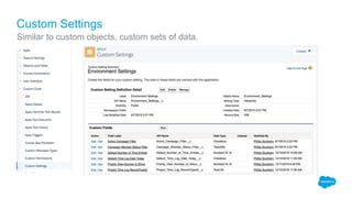 Similar to custom objects, custom sets of data.
Custom Settings
 