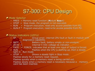 S7-300: CPU Design
S7-300: CPU Design
Mode Selector
Mode Selector
– MRES = Memory reset function (
MRES = Memory reset function (M
Module
odule Res
Reset)
et)
– STOP = Stop mode, the program is not executed.
STOP = Stop mode, the program is not executed.
– RUN = Program execution, read-only access possible from PG.
RUN = Program execution, read-only access possible from PG.
– RUN-P * Program execution, read/write access possible from PG.
RUN-P * Program execution, read/write access possible from PG.
Status Indicators (LED’s)
Status Indicators (LED’s)
– SF =
SF = Group error; internal CPU fault or fault in module with
Group error; internal CPU fault or fault in module with
diagnostics capability.
diagnostics capability.
– BATF *
BATF * Battery fault; battery empty or non-existent.
Battery fault; battery empty or non-existent.
– DC5V =
DC5V = Internal 5 VDC voltage ok indicator.
Internal 5 VDC voltage ok indicator.
– FRCE = FORCE; indicates that at least one input or output is forced.
FRCE = FORCE; indicates that at least one input or output is forced.
– RUN =
RUN = Flashes when the CPU is starting up, then a steady
Flashes when the CPU is starting up, then a steady
light in
light in Run mode.
Run mode.
– STOP =
STOP = Shows a steady light in Stop mode.
Shows a steady light in Stop mode.
Flashes slowly for a memory reset request,
Flashes slowly for a memory reset request,
Flashes quickly when a memory reset is being carried out,
Flashes quickly when a memory reset is being carried out,
Flashes slowly when a memory reset is necessary because a
Flashes slowly when a memory reset is necessary because a memory
memory
card has been inserted.
card has been inserted.
 