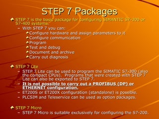 STEP
STEP 7 Packages
7 Packages
STEP 7 is the basic package for configuring SIMANTIC S7-300 or
STEP 7 is the basic package for configuring SIMANTIC S7-300 or
S7-400 systems.
S7-400 systems.
– With STEP 7 you can:
With STEP 7 you can:
Configure hardware and assign parameters to it
Configure hardware and assign parameters to it
Configure communication
Configure communication
Program
Program
Test and debug
Test and debug
Document and archive
Document and archive
Carry out diagnosis
Carry out diagnosis
STEP 7 Lite
STEP 7 Lite
– STEP 7 Lite can be used to program the SIMATIC S7-300 (also
STEP 7 Lite can be used to program the SIMATIC S7-300 (also
the compact CPUs). Programs that were created with STEP 7
the compact CPUs). Programs that were created with STEP 7
Lite can also be exported to STEP 7.
Lite can also be exported to STEP 7.
– It is not possible to carry out a PROFIBUS (DP) or
It is not possible to carry out a PROFIBUS (DP) or
ETHERNET configuration.
ETHERNET configuration.
– ET200S or ET200X configuration (standalone) is possible.
ET200S or ET200X configuration (standalone) is possible.
– PLCSIM and Teleservice can be used as option packages.
PLCSIM and Teleservice can be used as option packages.
STEP 7 Micro
STEP 7 Micro
– STEP 7 Micro is suitable exclusively for configuring the S7-200.
STEP 7 Micro is suitable exclusively for configuring the S7-200.
 