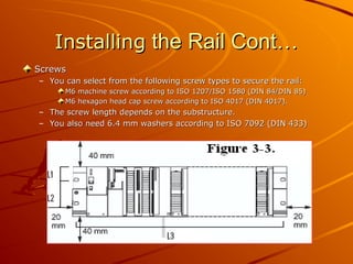 Installing
Installing the Rail Cont…
the Rail Cont…
Screws
Screws
– You can select from the following screw types to secure the rail:
You can select from the following screw types to secure the rail:
M6 machine screw according to ISO 1207/ISO 1580 (DIN 84/DIN 85)
M6 machine screw according to ISO 1207/ISO 1580 (DIN 84/DIN 85)
M6 hexagon head cap screw according to ISO 4017 (DIN 4017).
M6 hexagon head cap screw according to ISO 4017 (DIN 4017).
– The screw length depends on the substructure.
The screw length depends on the substructure.
– You also need 6.4 mm washers according to ISO 7092 (DIN 433)
You also need 6.4 mm washers according to ISO 7092 (DIN 433)
 