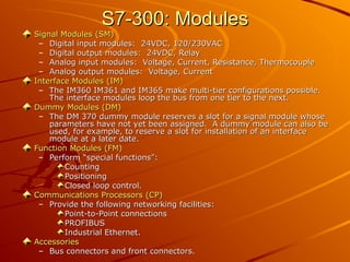 S7-300: Modules
S7-300: Modules
Signal Modules (SM)
Signal Modules (SM)
– Digital input modules: 24VDC, 120/230VAC
Digital input modules: 24VDC, 120/230VAC
– Digital output modules: 24VDC, Relay
Digital output modules: 24VDC, Relay
– Analog input modules: Voltage, Current, Resistance, Thermocouple
Analog input modules: Voltage, Current, Resistance, Thermocouple
– Analog output modules: Voltage, Current
Analog output modules: Voltage, Current
Interface Modules (IM)
Interface Modules (IM)
– The IM360 IM361 and IM365 make multi-tier configurations possible.
The IM360 IM361 and IM365 make multi-tier configurations possible.
The interface modules loop the bus from one tier to the next.
The interface modules loop the bus from one tier to the next.
Dummy Modules (DM)
Dummy Modules (DM)
– The DM 370 dummy module reserves a slot for a signal module whose
The DM 370 dummy module reserves a slot for a signal module whose
parameters have not yet been assigned. A dummy module can also be
parameters have not yet been assigned. A dummy module can also be
used, for example, to reserve a slot for installation of an interface
used, for example, to reserve a slot for installation of an interface
module at a later date.
module at a later date.
Function Modules (FM)
Function Modules (FM)
– Perform “special functions”:
Perform “special functions”:
Counting
Counting
Positioning
Positioning
Closed loop control.
Closed loop control.
Communications Processors (CP)
Communications Processors (CP)
– Provide the following networking facilities:
Provide the following networking facilities:
Point-to-Point connections
Point-to-Point connections
PROFIBUS
PROFIBUS
Industrial Ethernet.
Industrial Ethernet.
Accessories
Accessories
– Bus connectors and front connectors.
Bus connectors and front connectors.
 