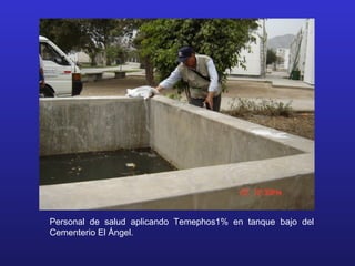 Personal de salud aplicando Temephos1% en tanque bajo del
Cementerio El Ángel.
 