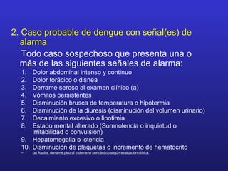 2. Caso probable de dengue con señal(es) de
  alarma
   Todo caso sospechoso que presenta una o
  más de las siguientes señales de alarma:
  1.  Dolor abdominal intenso y continuo
  2.  Dolor torácico o disnea
  3.  Derrame seroso al examen clínico (a)
  4.  Vómitos persistentes
  5.  Disminución brusca de temperatura o hipotermia
  6.  Disminución de la diuresis (disminución del volumen urinario)
  7.  Decaimiento excesivo o lipotimia
  8.  Estado mental alterado (Somnolencia o inquietud o
      irritabilidad o convulsión)
  9. Hepatomegalia o ictericia
  10. Disminución de plaquetas o incremento de hematocrito
  –    (a) Ascitis, derrame pleural o derrame pericárdico según evaluación clínica.
 