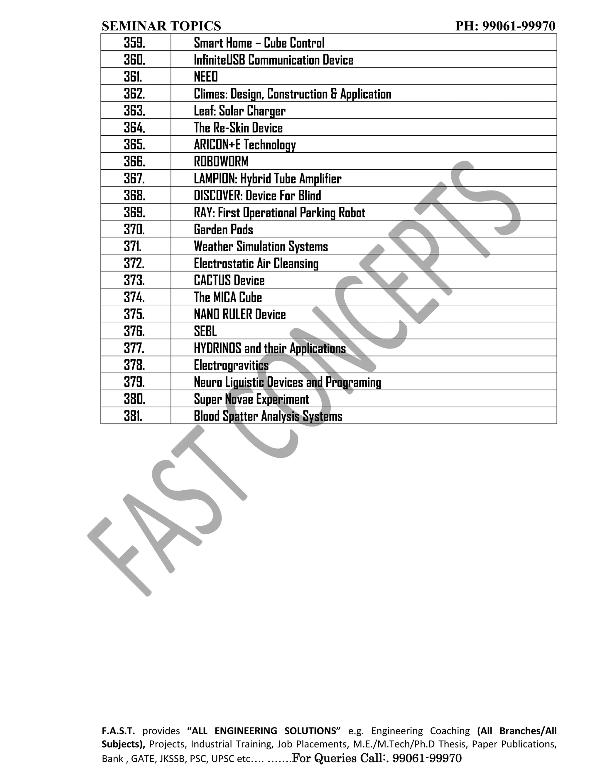 SEMINAR TOPICS PH: 99061-99970
F.A.S.T. provides “ALL ENGINEERING SOLUTIONS” e.g. Engineering Coaching (All Branches/All
Subjects), Projects, Industrial Training, Job Placements, M.E./M.Tech/Ph.D Thesis, Paper Publications,
Bank , GATE, JKSSB, PSC, UPSC etc…. …….For Queries Call:. 99061-99970
359. Smart Home – Cube Control
360. InfiniteUSB Communication Device
361. NEEO
362. Climes: Design, Construction & Application
363. Leaf: Solar Charger
364. The Re-Skin Device
365. ARICON+E Technology
366. ROBOWORM
367. LAMPION: Hybrid Tube Amplifier
368. DISCOVER: Device For Blind
369. RAY: First Operational Parking Robot
370. Garden Pods
371. Weather Simulation Systems
372. Electrostatic Air Cleansing
373. CACTUS Device
374. The MICA Cube
375. NANO RULER Device
376. SEBL
377. HYDRINOS and their Applications
378. Electrogravitics
379. Neuro Liguistic Devices and Programing
380. Super Novae Experiment
381. Blood Spatter Analysis Systems
 