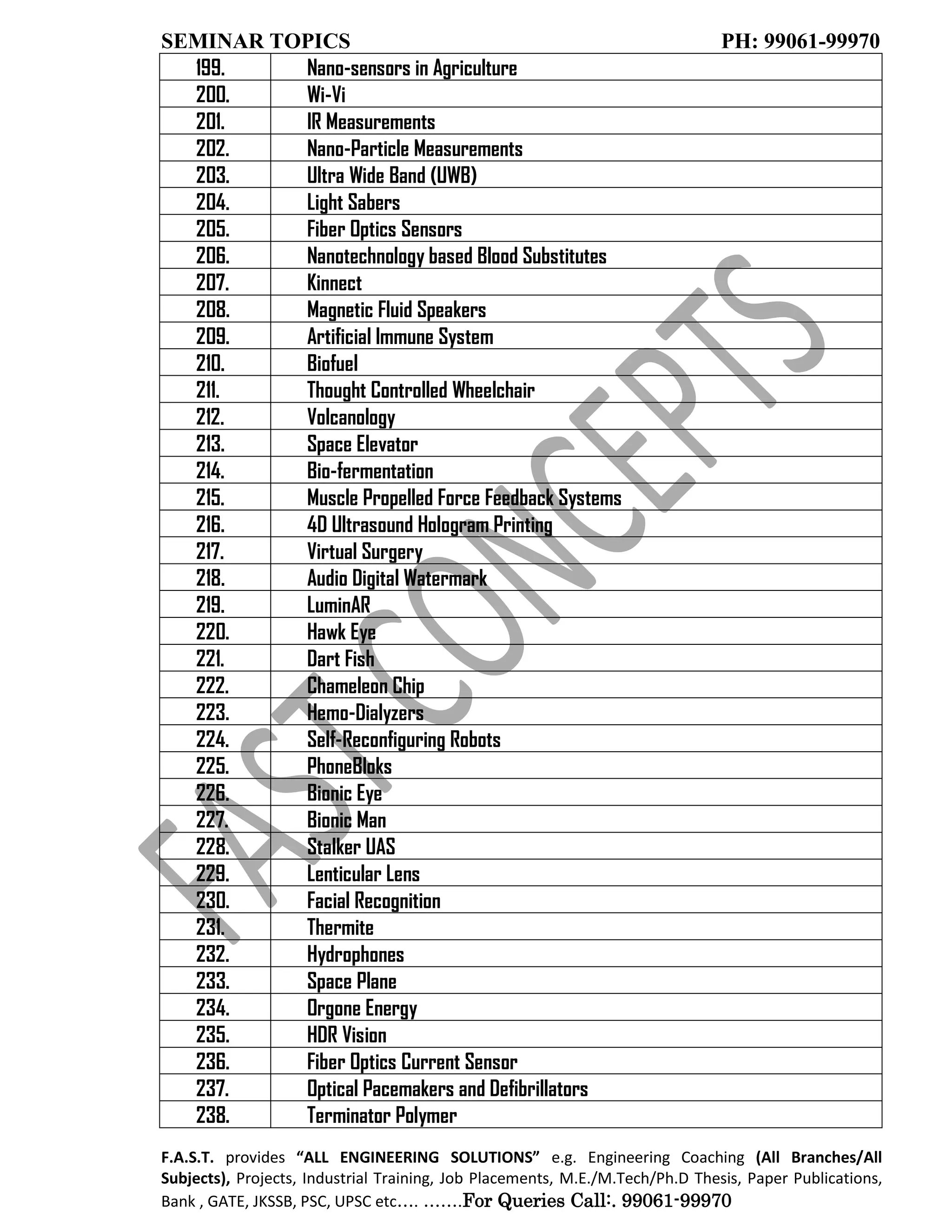 SEMINAR TOPICS PH: 99061-99970
F.A.S.T. provides “ALL ENGINEERING SOLUTIONS” e.g. Engineering Coaching (All Branches/All
Subjects), Projects, Industrial Training, Job Placements, M.E./M.Tech/Ph.D Thesis, Paper Publications,
Bank , GATE, JKSSB, PSC, UPSC etc…. …….For Queries Call:. 99061-99970
199. Nano-sensors in Agriculture
200. Wi-Vi
201. IR Measurements
202. Nano-Particle Measurements
203. Ultra Wide Band (UWB)
204. Light Sabers
205. Fiber Optics Sensors
206. Nanotechnology based Blood Substitutes
207. Kinnect
208. Magnetic Fluid Speakers
209. Artificial Immune System
210. Biofuel
211. Thought Controlled Wheelchair
212. Volcanology
213. Space Elevator
214. Bio-fermentation
215. Muscle Propelled Force Feedback Systems
216. 4D Ultrasound Hologram Printing
217. Virtual Surgery
218. Audio Digital Watermark
219. LuminAR
220. Hawk Eye
221. Dart Fish
222. Chameleon Chip
223. Hemo-Dialyzers
224. Self-Reconfiguring Robots
225. PhoneBloks
226. Bionic Eye
227. Bionic Man
228. Stalker UAS
229. Lenticular Lens
230. Facial Recognition
231. Thermite
232. Hydrophones
233. Space Plane
234. Orgone Energy
235. HDR Vision
236. Fiber Optics Current Sensor
237. Optical Pacemakers and Defibrillators
238. Terminator Polymer
 