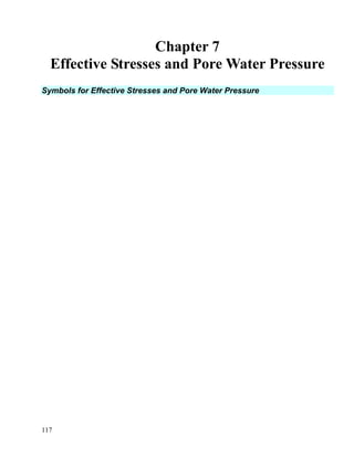 117
Chapter 7
Effective Stresses and Pore Water Pressure
Symbols for Effective Stresses and Pore Water Pressure
 