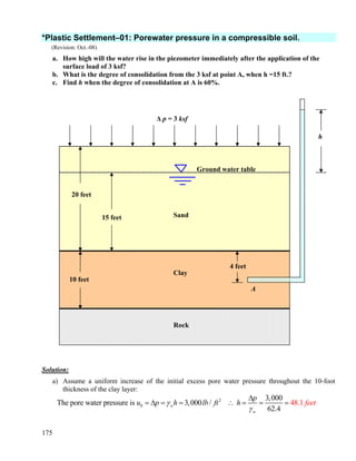 175
*Plastic Settlement–01: Porewater pressure in a compressible soil.
(Revision: Oct.-08)
a. How high will the water rise in the piezometer immediately after the application of the
surface load of 3 ksf?
b. What is the degree of consolidation from the 3 ksf at point A, when h =15 ft.?
c. Find h when the degree of consolidation at A is 60%.
Solution:
a) Assume a uniform increase of the initial excess pore water pressure throughout the 10-foot
thickness of the clay layer:
2
0
3,000
The pore water pressure is 3 48.,000 /
62
1
.4
w
w
p
u p h lb ft h feetγ
γ
Δ
= Δ = = ∴ = = =
h
Sand
Clay
Rock
Δ p = 3 ksf
Ground water table
20 feet
15 feet
4 feet
10 feet
A
 