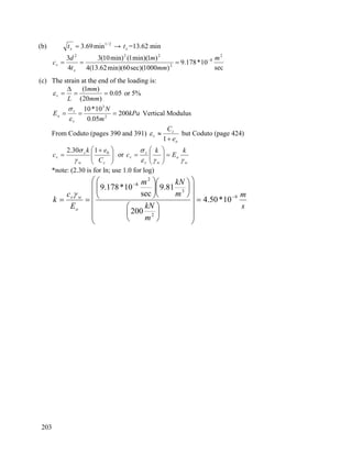 203
(b) 2/1
min69.3=xt → xt =13.62 min
sec
10*178.9
)1000sec)(60min)(62.13(4
)1min)(1(min)10(3
4
3 2
8
2
222
m
mm
m
t
d
c
x
v
−
===
(c) The strain at the end of the loading is:
05.0
)20(
)1(
==
Δ
=
mm
mm
L
vε or 5%
kPa
m
N
E
v
v
o 200
05.0
10*10
2
3
===
ε
σ
Vertical Modulus
From Coduto (pages 390 and 391)
o
c
v
e
C
+
≈
1
ε but Coduto (page 424)
⎟⎟
⎠
⎞
⎜⎜
⎝
⎛ +
=
cw
z
v
C
ek
c 0130.2
γ
σ
or
w
o
wz
z
v
k
E
k
c
γγε
σ
=⎟⎟
⎠
⎞
⎜⎜
⎝
⎛
=
*note: (2.30 is for ln; use 1.0 for log)
s
m
m
kN
m
kNm
E
c
k
o
wv 9
2
3
2
8
10*50.4
200
81.9
sec
10*178.9
−
−
=
⎟
⎟
⎟
⎟
⎟
⎠
⎞
⎜
⎜
⎜
⎜
⎜
⎝
⎛
⎟
⎠
⎞
⎜
⎝
⎛
⎟
⎠
⎞
⎜
⎝
⎛
⎟⎟
⎠
⎞
⎜⎜
⎝
⎛
==
γ
 