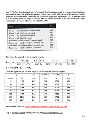 376
Step 2: Find the length of each layer of geotextile L, which is composed of two parts, lR which is the
length of the geotextile within the Rankine failure zone, and le which is the effective length of the
geotextile beyond the failure zone (see the first figure, page 408). Again use FS = 1.5, and the angle
φF is the soil-to-geotextile angle of friction, which is usually assumed to be 2/3 φ of the soil. Other
values can be used, and a few are shown in this table,
Therefore, the length L of the geotextile layer is,
( )
( )
( ) ( )
( )
( )( )
( )
( )( )
0 26 1 5
45 2 2 45 36 2 2 0 445
0 51 0 438
V a V
R e
F
V
H z S K FS H z S . .
L l l
tan / tan tan / .
L . H z . S
φ ϕ
− −
= + = + = +
°− °− °
= − +
From this equation, we can now prepare a table with the required lengths.
z SV (0.51)(H-z) (0.438SV) L
inches feet feet feet feet feet
16 1.33 1.67 7.48 0.731 8.21
56 4.67 1.67 5.78 0.731 6.51
76 6.34 1.67 4.93 0.731 5.66
96 8.00 1.67 4.08 0.731 4.81
112 9.34 1.33 3.40 0.582 3.99
144 12.00 1.33 2.04 0.582 2.66
176 14.67 1.33 0.68 0.582 1.26
Based on this table, use L = 8.5 feet for z ≤ 8 feet and L = 4.0 feet for z > 8 feet.
Step 3: Find lap length ll for the geotextile, but never smaller than 3 feet,
 