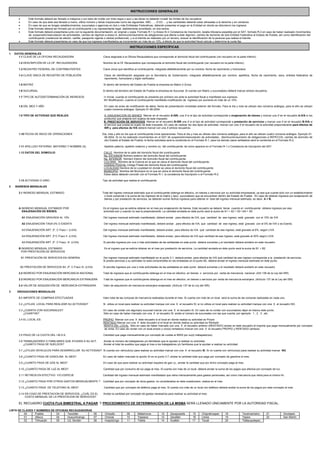 INSTRUCCIONES GENERALES
• Este formato deberá ser llenado a máquina o con letra de molde con tinta negra o azul y las letras no deberán invadir los límites de los recuadros.
• En caso de que éste sea llenado a mano, utilice número y letras mayúsculas como las siguientes: ABC……0123…..y las cantidades deberán estar alineadas a la derecha y sin centavos
• En caso de que se tengan establecimientos, sucursales o agencias en dos o más Entidades Federativas, deberán presentar el pago en la Entidad en donde se obtuvieron los ingresos.
• Este formato deberá ser firmado por el contribuyente o su representante legal, debidamente acreditado, en dos tantos.
• Este formato deberá presentarse junto con la siguiente documentación, en original y copia: Formato R-1 (y Anexo 6) ó Constancia de Inscripción, tarjeta tributaria expedida por el SAT; formato R-2 en caso de haber realizado movimientos
de: suspensión/reanudación de actividades, cambio de régimen a anexo 6, disminución/aumento de obligaciones que afecte a éste régimen, cambio de domicilio de otra Entidad Federativa al Estado de Puebla, así como identificación del
contribuyente (credencial de elector, cartilla, pasaporte vigente o cédula profesional), y si el trámite es realizado por un tercero, anexar la identificación de la persona que realiza el trámite.
• Este formato deberá presentarse en caso de que los ingresos manifestados se incrementen en más de un 10%, a efecto de que la autoridad fiscal calcule y determine la cuota fija.
INSTRUCCIONES ESPECÍFICAS
1 DATOS GENERALES
1.1 CLAVE DE LA OFICINA RECAUDADORA Clave asignada a la Oficina Recaudadora que corresponde al domicilio fiscal del contribuyente (ver recuadro en la parte inferior).
1.2 DESCRIPCIÓN DE LA OF. RECAUDADORA Nombre de la Of. Recaudadora que corresponde al domicilio fiscal del contribuyente (ver recuadro en la parte inferior).
1.3 REGISTRO FEDERAL DE CONTRIBUYENTES Clave única que identifica al contribuyente, integrada alfabéticamente por su nombre, fecha de nacimiento y homoclave.
1.4 CLAVE ÚNICA DE REGISTRO DE POBLACIÓN Clave de identificación asignada por la Secretaría de Gobernación, integrada alfabéticamente por nombre, apellidos, fecha de nacimiento, sexo, entidad federativa de
nacimiento, homoclave y dígito verificador.
1.5 MATRIZ Si dentro del territorio del Estado de Puebla la empresa es Matriz ó Única.
1.6 SUCURSAL Si dentro del territorio del Estado de Puebla la empresa es Sucursal. Si cuenta con Matriz y sucursal(es) deberá marcar ambos recuadros.
1.7 TIPO DE AUTODETERMINACIÓN DE INGRESOS I= Inicial, cuando el contribuyente se presenta por primera vez ante la autoridad fiscal a manifestar sus ingresos.
M= Modificación, cuando el contribuyente manifiesta modificación de ingresos por aumento en más de un 10%.
1.8 DÍA, MES Y AÑO En caso de aviso de modificación de datos, fecha de presentación inmediata anterior del formato. Para el día y mes se utilizan dos números arábigos, para el año se utilizan
cuatro números arábigos. Ejemplo 01-06-2004.
1.9 TIPO DE ACTIVIDAD QUE REALIZA A. ENAJENACION DE BIENES Marcar en el recuadro A-ISR, una X si el tipo de actividad corresponde a enajenación de bienes y marcar una X en el recuadro A-IVA si los
productos que enajena son sujetos de éste impuesto.
B. PRESTACIÓN DE SERVICIOS Marcar en el recuadro B-ISR una X si el tipo de actividad corresponde a prestación de servicios y marcar una X en el recuadro B-IVA si
el servicio que presta es sujeto de éste impuesto. En caso de realizar los dos tipos de actividad, marcar con una X el recuadro de la actividad preponderante para efectos de
ISR y para efectos de IVA deberá marcar con una X ambos recuadros.
1.10 FECHA DE INICIO DE OPERACIONES Día, mes y año en los que el contribuyente inicia operaciones. Para el día y mes se utilizan dos números arábigos, para el año se utilizan cuatro números arábigos. Ejemplo 01-
06-2004. Si no ha realizado movimientos en el SAT de suspensión/reanudación de actividades, disminución/aumento de obligaciones a REPECOS, cambio de domicilio de
otro Estado al Estado de Puebla, la fecha solicitada será la contenida en el Formato R-1, para los demás casos señalados será la contenida en el Formato R-2.
1.11 APELLIDO PATERNO, MATERNO Y NOMBRE (S) Apellido paterno, apellido materno y nombre (s) del contribuyente, tal como aparece en el Formato R-1 o Constancia de Inscripción del SAT.
1.12 DATOS DEL DOMICILIO CALLE Nombre de la calle del domicilio fiscal del contribuyente
No. EXTERIOR Número exterior del domicilio fiscal del contribuyente
No. INTERIOR Número Interior del domicilio fiscal del contribuyente.
COLONIA Nombre de la Colonia en la que se ubica el domicilio fiscal del contribuyente.
CÓDIGO POSTAL Código Postal del domicilio fiscal del contribuyente.
LOCALIDAD Nombre de la Localidad en donde se ubica el domicilio fiscal del contribuyente.
MUNICIPIO Nombre del Municipio en el que se ubica el domicilio fiscal del contribuyente.
Estos datos deberán coincidir con el Formato R-1, la constancia de Inscripción o el Formato R-2.
1.13 ACTIVIDAD O GIRO Tipo de actividad que realiza el contribuyente.
2 INGRESOS MENSUALES
2.1 INGRESO MENSUAL ESTIMADO Total del ingreso mensual estimado que el contribuyente obtenga en efectivo, en bienes o servicios por su actividad empresarial, ya sea que cuente sólo con un establecimiento
o local comercial o la suma de los ingresos de la matriz y la(s) sucursal(es) que se encuentren dentro del Estado de Puebla . En caso de obtener ingresos por enajenación de
bienes y por prestación de servicios, se deberán sumar dichos ingresos para obtener el total del ingreso mensual estimado, es decir, A + B.
A INGRESO MENSUAL ESTIMADO POR Es el ingreso que se estima obtener en el mes por enajenación de bienes. Este recuadro se deberá llenar cuando el contribuyente obtiene ingresos por esa
ENAJENACIÓN DE BIENES. actividad aún y cuando no sea la preponderante. La cantidad anotada en éste punto será la suma de A1 + A2 + A3 +A4 + A5
A1 ENAJENACIÓN GRAVADA AL 15% Del ingreso mensual estimado manifestado, deberá anotar , para efectos de IVA, que cantidad de ese ingreso, está gravado con el 15% de IVA
A2 ENAJENACIÓN TASA 0% O EXENTA Del ingreso mensual estimado manifestado, deberá anotar , para efectos de IVA, que cantidad de ese ingreso, está gravado con el 0% de IVA o es Exento.
A3 ENAJENACIÓN ART. 2º. C Fracc I (LIVA) Del ingreso mensual estimado manifestado, deberá anotar, para efectos de IVA qué cantidad de ese ingreso, está gravado al 6%, según LIVA
A4 ENAJENACIÓN ART. 2º:C Fracc II (LIVA) Del ingreso mensual estimado manifestado, deberá anotar, para efectos de IVA qué cantidad de ese ingreso, está gravado al 20% según LIVA.
A5 ENAJENACIÓN ART. 2º. C Fracc. III (LIVA) Si percibe ingresos por una o más actividades de las señaladas en este punto deberá sumarlas y el resultado deberá anotarlo en este recuadro.
B INGRESO MENSUAL ESTIMADO Es el ingreso que se estima obtener en el mes por prestación de servicios. La cantidad anotada en éste punto será la suma de B1 + B2
POR PRESTACIÓN DE SERVICIOS
B1 PRESTACIÓN DE SERVICIOS EN GENERAL Del ingreso mensual estimado manifestado en el punto 2.1, deberá anotar, para efectos de IVA qué cantidad de ese ingreso corresponde a la prestación de servicios .
Si presta servicios y su actividad no está comprendida en las enlistadas en el punto B2, deberá anotar el ingreso mensual estimado en éste punto.
B2 PRESTACIÓN DE SERVICIOS Art. 2º. C Fracc III. (LIVA) Si percibe ingresos por una o más actividades de las señaladas en este punto deberá sumarlas y el resultado deberá anotarlo en este recuadro.
2.2 INGRESO POR ENAJENACIÓN MERCANCIA NACIONAL Total de ingresos que el contribuyente obtenga en el mes en efectivo, en bienes o servicios por venta de mercancía nacional. (Artí.138 de la Ley del ISR).
2.3 INGRESO POR ENAJENACIÓN MERCANCIA EXTRANJERA Total de ingresos que el contribuyente obtenga en el mes en efectivo, en bienes o servicios por venta de mercancía extranjera. (Artículo 137 de la Ley del ISR)
2.4 VALOR DE ADQUISICIÓN DE MERCANCIA EXTRANJERA Valor de adquisición de mercancía extranjera enajenada. (Artículo 137 de la Ley del ISR).
3 EROGACIONES MENSUALES
3.1 IMPORTE DE COMPRAS EFECTUADAS Valor total de las compras de mercancía realizadas durante el mes. Si cuenta con más de un local será la suma de las compras realizadas en cada uno.
3.2 ¿UTILIZA LOCAL PARA REALIZAR SU ACTIVIDAD? Si utiliza un local para realizar su actividad marque con una X el recuadro SI, si no utiliza un local para realizar su actividad marque con una X el recuadro NO.
3.3 ¿CUENTA CON SUCURSALES? En caso de contar con alguna(s) sucursal marcar con una X el recuadro SI. En caso de no contar con sucursal(es) dejar en blanco éste punto.
¿CUANTAS? Sólo en caso de haber marcado con una X el recuadro SI, anote el número de sucursales con las que cuenta, por ejemplo: 1 , 2 , 3 , etc.
3.4 EL LOCAL ES: PROPIO Marcar con una X éste recuadro si el local en donde realiza su actividad es Propio
RENTADO Marcar con una X éste recuadro si el local en donde realiza su actividad es Rentado
RENTA DEL LOCAL Sólo en caso de haber marcado con una X el recuadro anterior (RENTADO) anotar en éste recuadro el importe que paga mensualmente por concepto
de renta. En caso de contar con un local propio y uno(s) rentado(s) marcar con una X el recuadro PROPIO y RENTADO (ambos)
3.5 PAGO DE LA CUOTA DEL I.M.S.S. Cantidad que paga mensualmente por concepto de cuotas al IMSS por su(s) trabajador(es).
3.6 TRABAJADORES O FAMILIARES QUE AYUDEN A SU ACT. Anotar el número de trabajadores y/o familiares que le ayudan a realizar su actividad.
¿CUANTO PAGA DE SUELDOS? Anotar el total de sueldos que paga al mes a los trabajadores y/o familiares que le ayudan a realizar su actividad.
3.7 ¿UTILIZA VEHICULOS PARA DESARROLLAR SU ACTIVIDAD? Si cuenta con vehículo(s) para realizar su actividad marcar con una X el recuadro SI. Si no cuenta con vehículo(s) para realizar su actividad marcar NO.
3.8 ¿CUANTO PAGA DE GASOLINA AL MES? En caso de haber marcado la opción SI en el punto 3.7, anotar la cantidad total que paga por concepto de gasolina al mes.
3.9 ¿CUANTO PAGA DE GAS AL MES? En caso de que para realizar su actividad requiera de gas l.p., anotar la cantidad que por dicho concepto paga al mes.
3.10 ¿CUANTO PAGA DE LUZ AL MES? Cantidad que por consumo de luz paga al mes. Si cuenta con más de un local, deberá anotar la suma de los pagos que efectúa por concepto de luz.
3.11 RETIROS EN EFECTIVO Y/O ESPECIE Cantidad del ingreso mensual estimado manifestado que retira mensualmente para gastos personales, así como mercancía que retira para el mismo fin.
3.12 ¿CUANTO PAGA POR OTROS GASTOS MENSUALMENTE ? Cantidad que por concepto de otros gastos, no considerados en éste cuestionario, realiza en el mes
3.13 ¿CUANTO PAGA DE TELEFONO AL MES? Cantidad que por concepto de teléfono paga al mes. Si cuenta con más de un local con teléfono deberá anotar la suma de los pagos por este concepto al mes.
3.14 EN CASO DE PRESTACION DE SERVICIOS, ¿CUÁL ES EL Anotar la cantidad por concepto de gastos necesarios para realizar su actividad al mes.
COSTO MENSUAL DE LA PRESTACION DE SERVICIOS?
EL RECUADRO CUOTA FIJA BIMESTRAL A PAGAR Y PROCEDIMIENTO DE DETERMINACIÓN DE LA MISMA SERÁ LLENADO ÚNICAMENTE POR LA AUTORIDAD FISCAL.
LISTA DE CLAVES Y NOMBRES DE OFICINAS RECAUDADORAS
00 Puebla 03 Teziutlán 06 Chiautla 09 Matamoros 12 Zacapoaxtla 15 Chignahuapan 18 Tecamachalco 21 Xicotepec
01 Atlixco 04 Huauchinango 07 Cholula 10 Tepeaca 13 Zacatlán 16 Libres 19 Tepexi 22 San Martín
02 Tehuacán 05 Cd. Serdán 08 Huejotzingo 11 Tetela 14 Acatlán 17 Tecali 20 Tlatlauquitepec
 